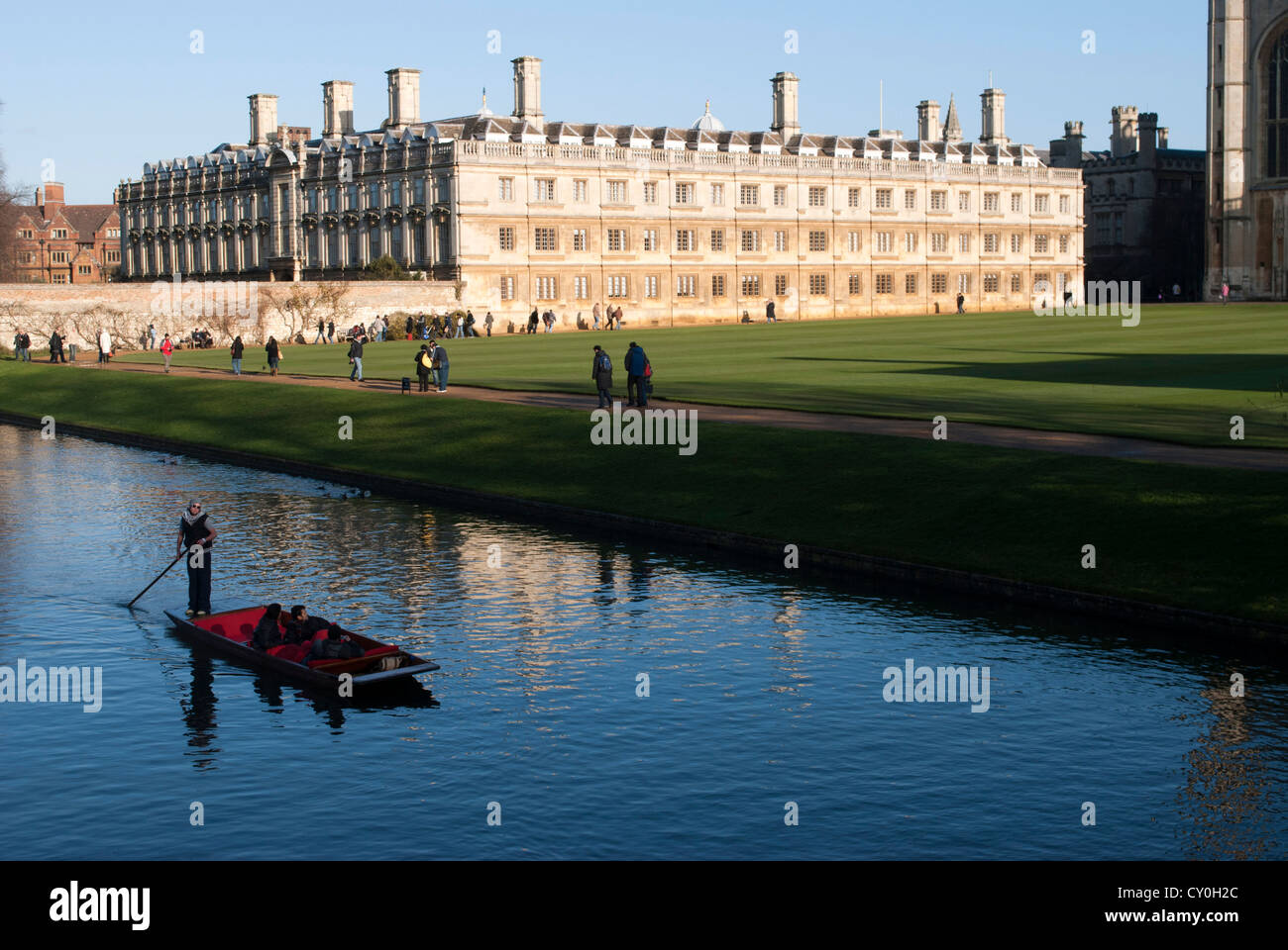 Punts on the Cam with Old Court of Clare College in the background Stock Photo