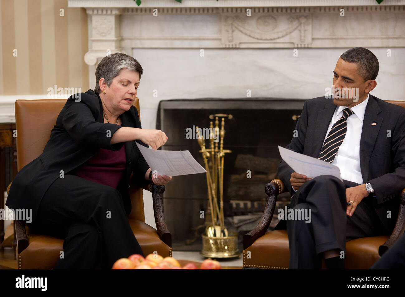 US President Barack Obama meets with Homeland Security Secretary Janet Napolitano May 9, 2011 in the Oval Office of the White House. Stock Photo