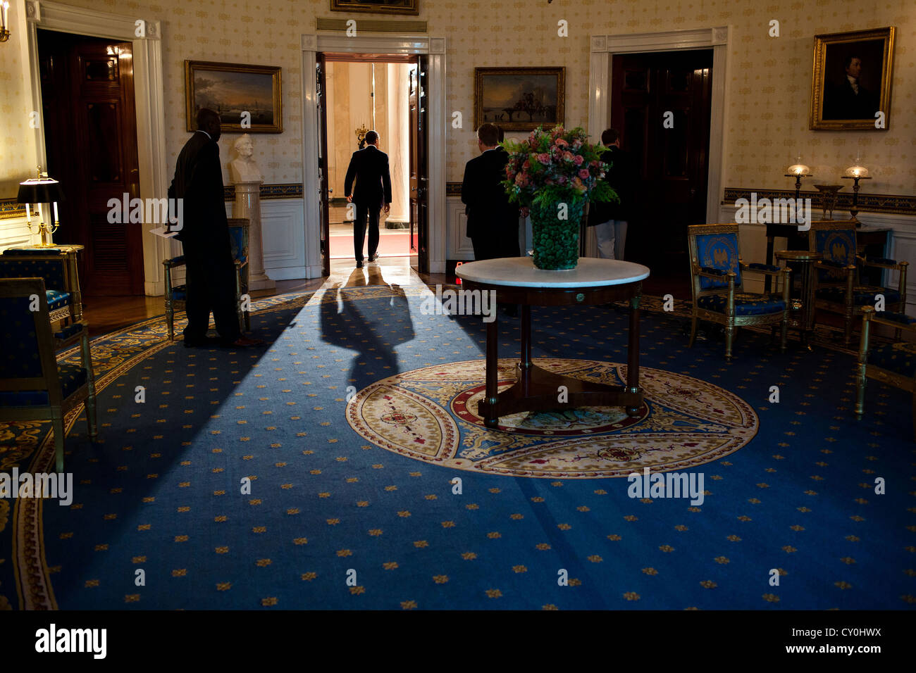 US President Barack Obama walks from the Blue Room of the White House to address the nation and lay out his plan for implementing the draw down of American troops from Afghanistan June 22, 2011. Stock Photo