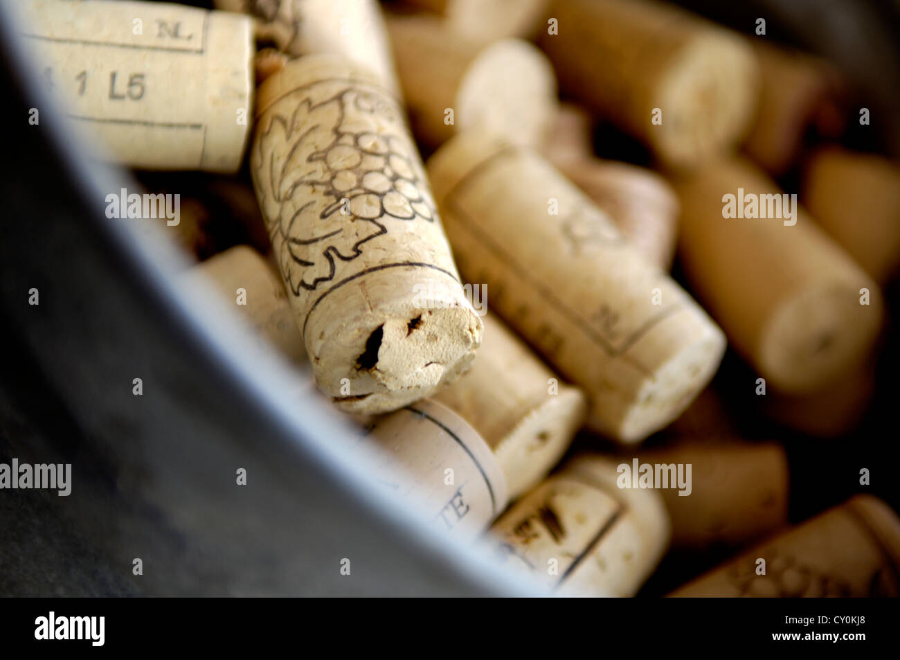Close Up of a Bowl of Corks Stock Photo