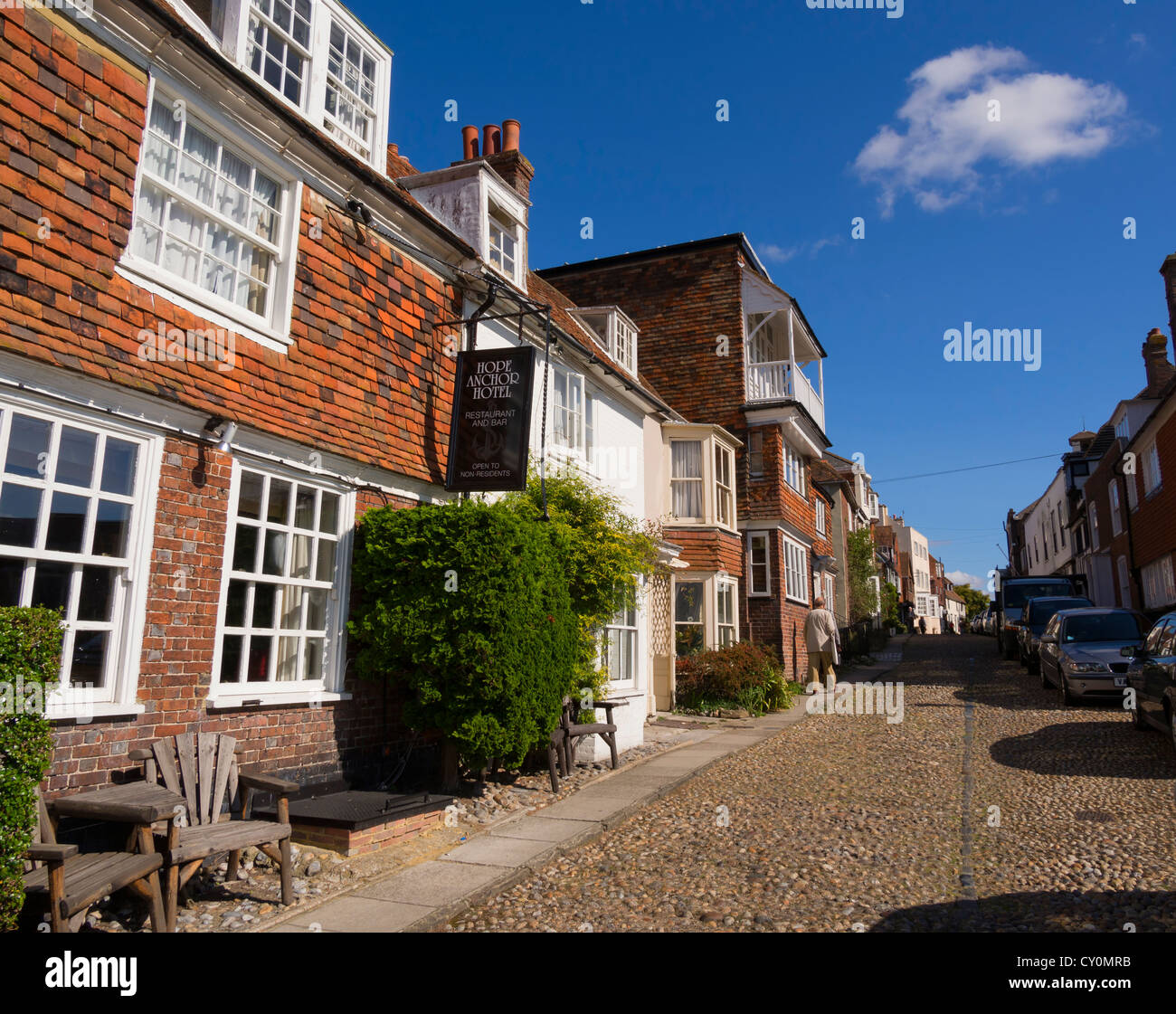 The Hope Anchor Hotel and Watchbell Street in Rye, East Sussex. Stock Photo