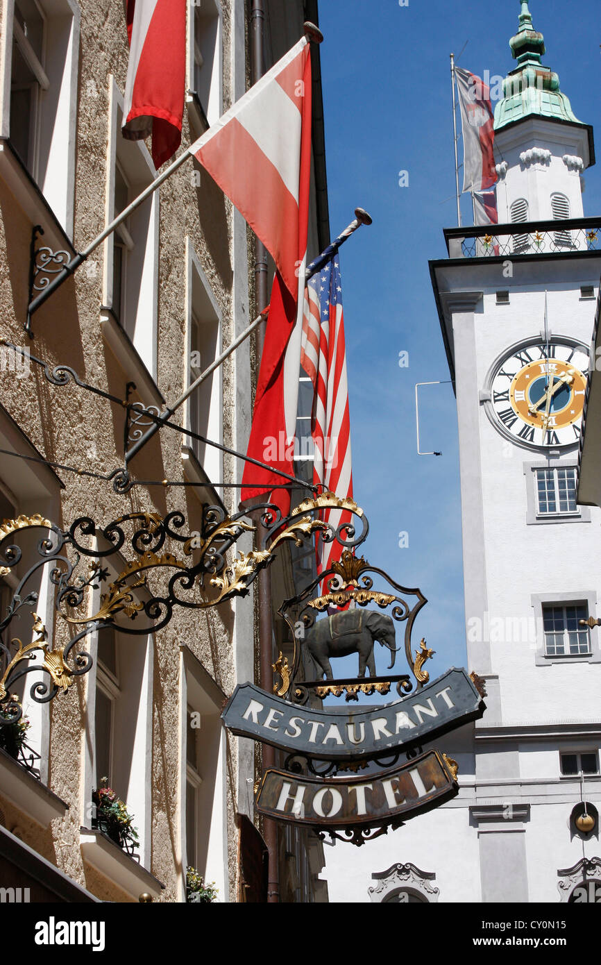 Elfant hotel sign in the Old Town,Salzburg,Austria. Stock Photo