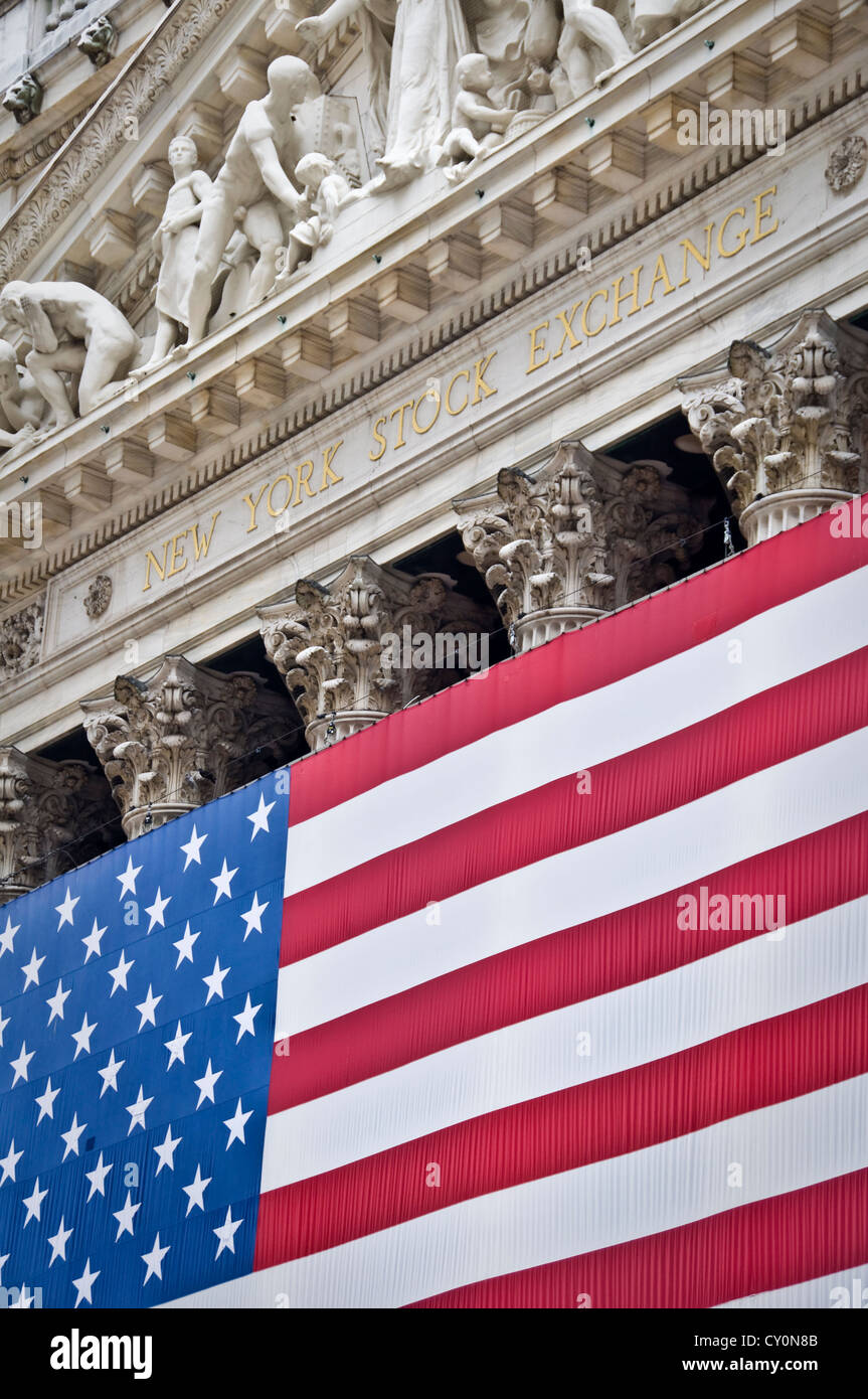 New York Stock exchange front facade with the american flag - New York