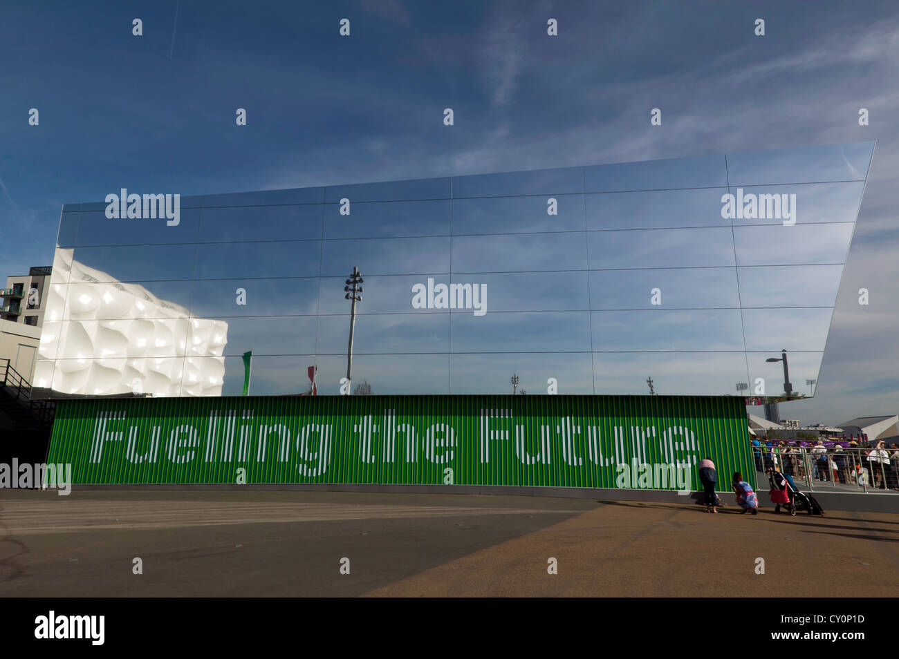 BP's mirrored box pavilion. Its showcase building at the Olympic Park, Stratford promoting its new Biofuels. Stock Photo