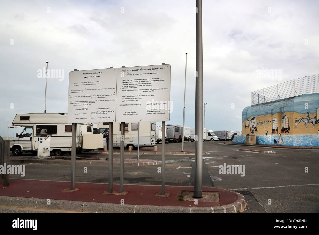 Calais France Caravans on the Seafront Motor Home Area Sign Stock Photo