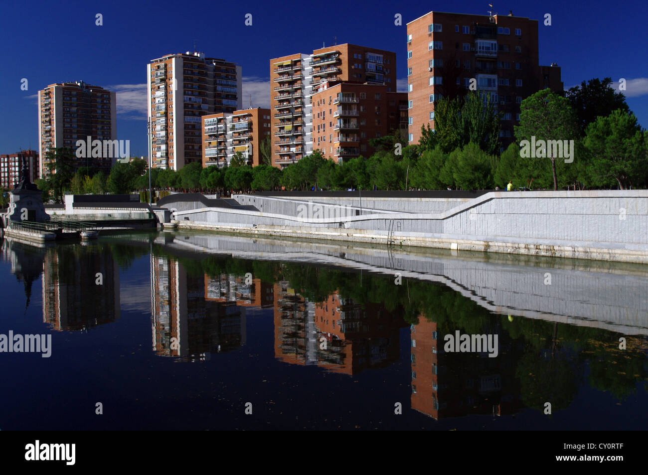 Banks of the Manzanares river restored as part of 'Madrid Rio' project, Madrid, Spain Stock Photo