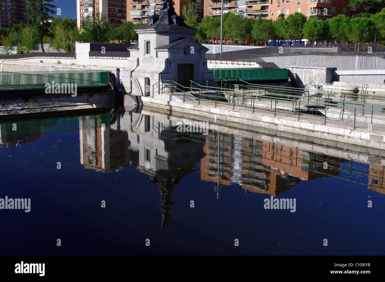 Restored old dam on river Manzanares, part of 'Madrid Rio' project Stock Photo