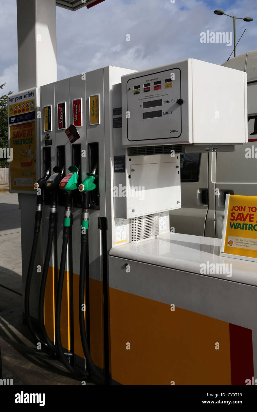 Petrol Pumps Regular Diesel, Diesel, Unleaded And Regular Unleaded Petrol At Shell Petrol Station Ewell England Stock Photo
