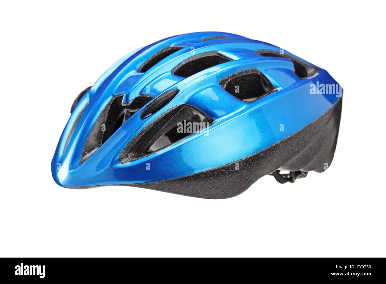 A studio shot of a blue helmet for bicyclist isolated on white background Stock Photo