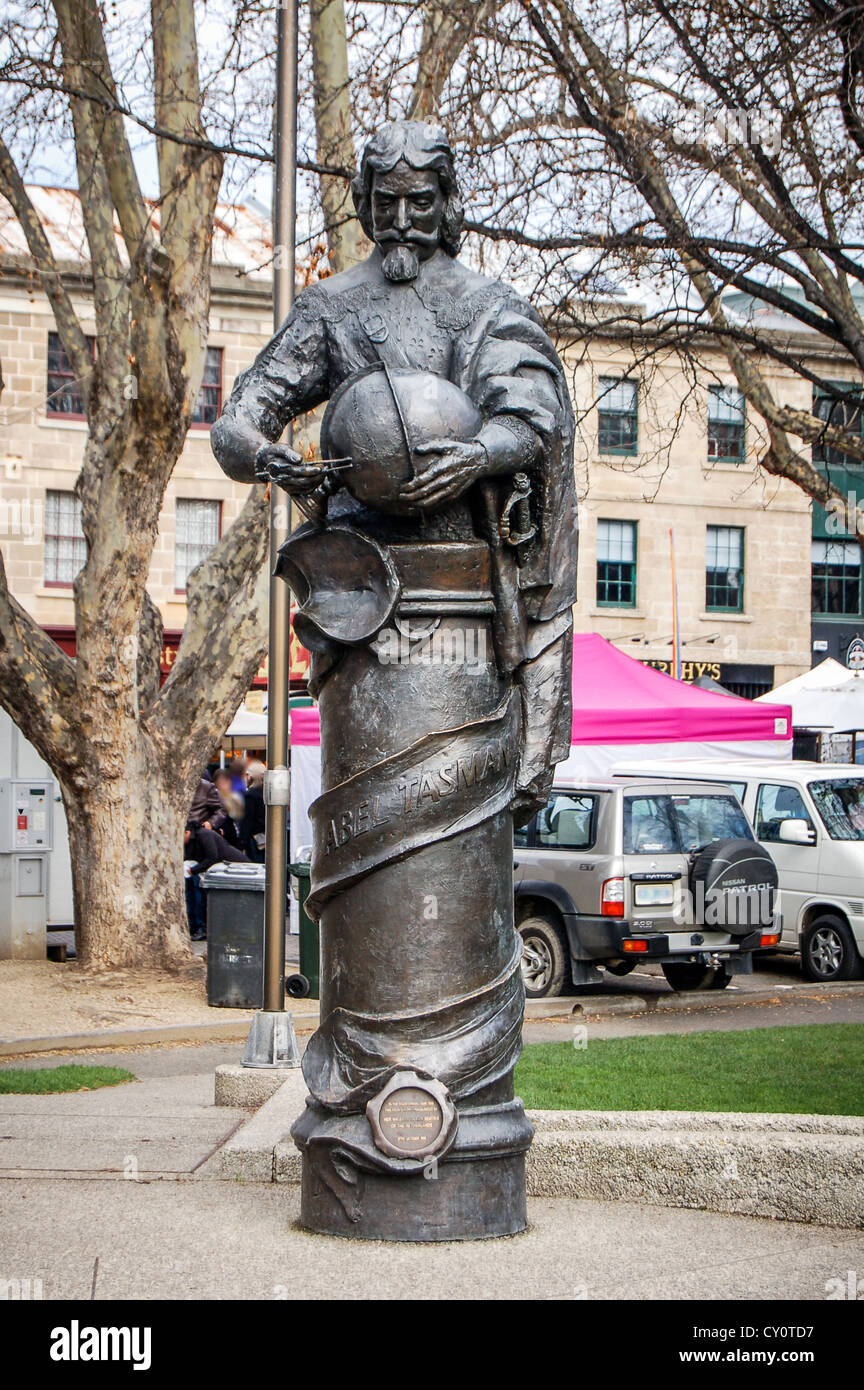 Statue honouring explorer Able Tasman in park alongside Salamanca Place