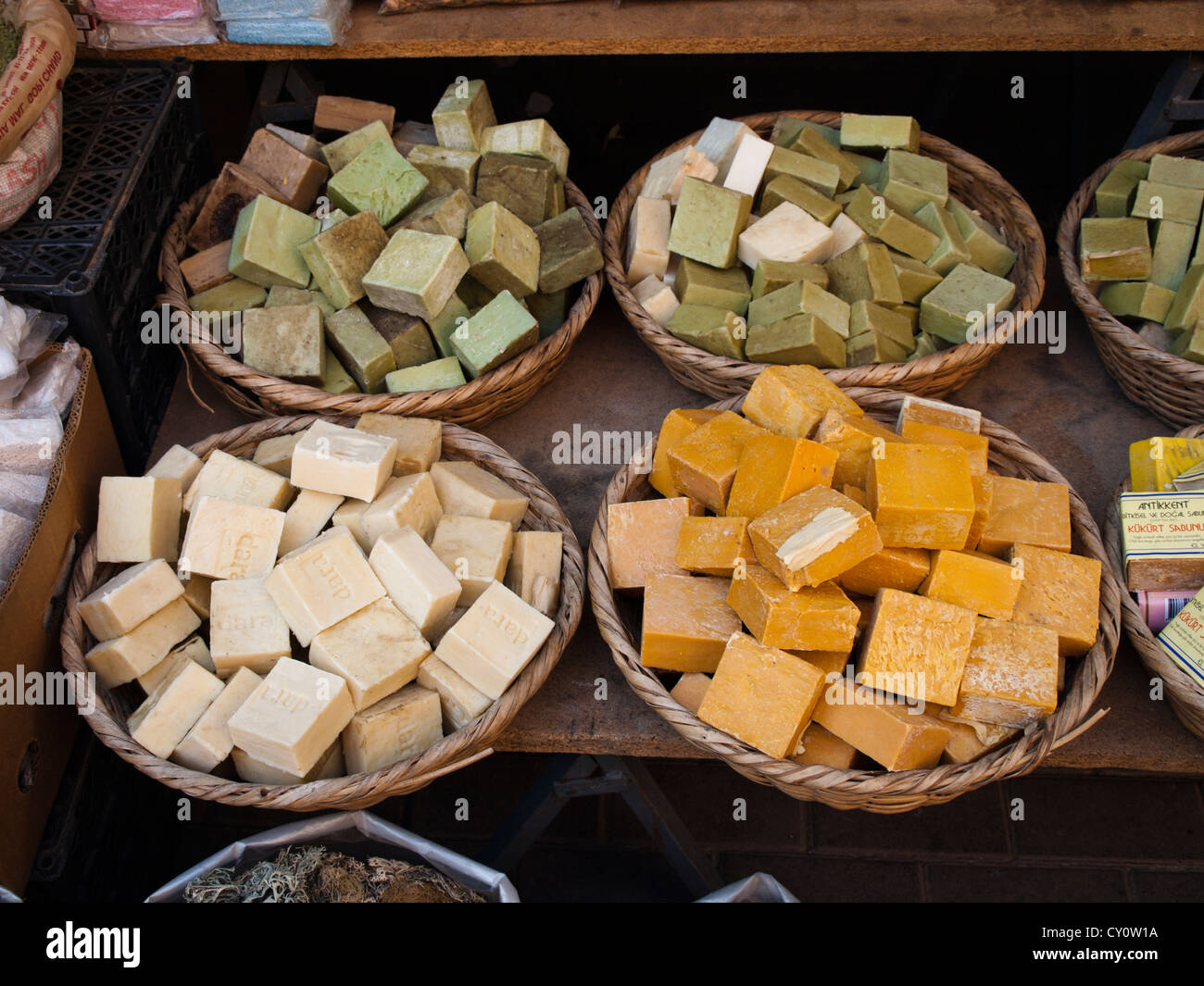 Crafted olive soap in different colors and perfume , sold in the old bazaars  marked in Bursa Turkey Stock Photo