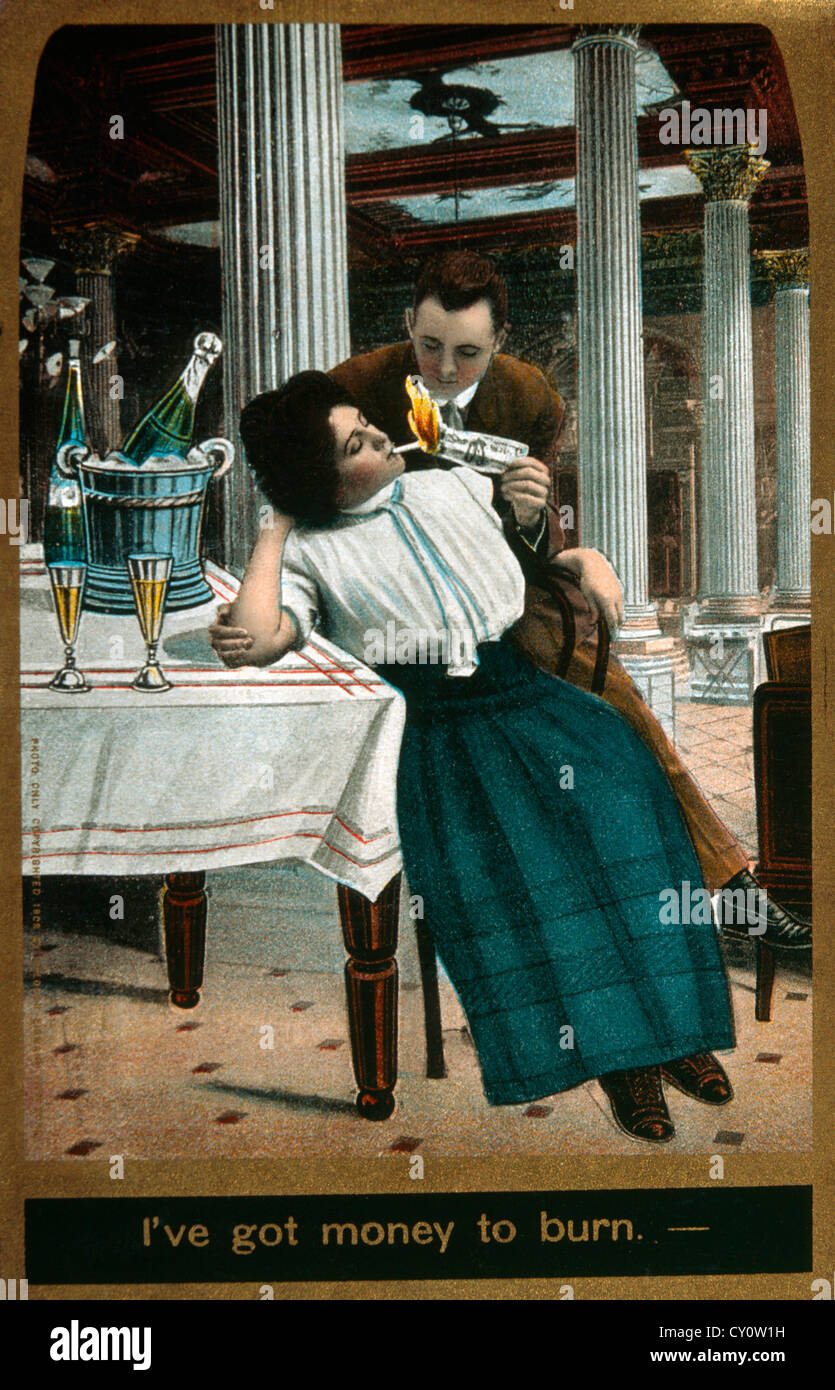 but i only got a dollar for a cigarette Couple in Restaurant Drinking Champagne & Lighting Cigarette with Dollar  Bill, I've got Money to Burn, Illustration, Circa 1901 Stock Photo