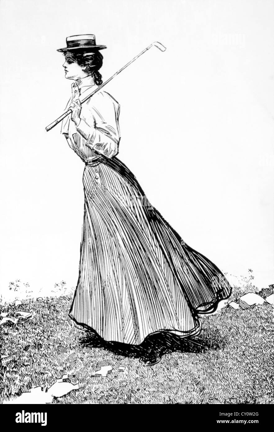 Woman Holding Golf Club, School Days, Gibson Girl, Drawing by Charles Dana Gibson, 1899 Stock Photo