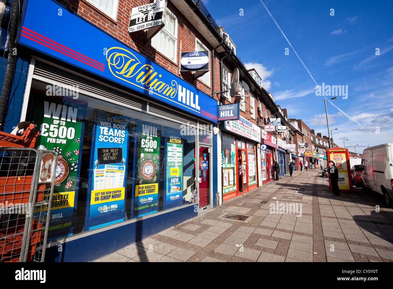 Deansbrook Road high street shops, Mill Hill, London, England, UK. Stock Photo