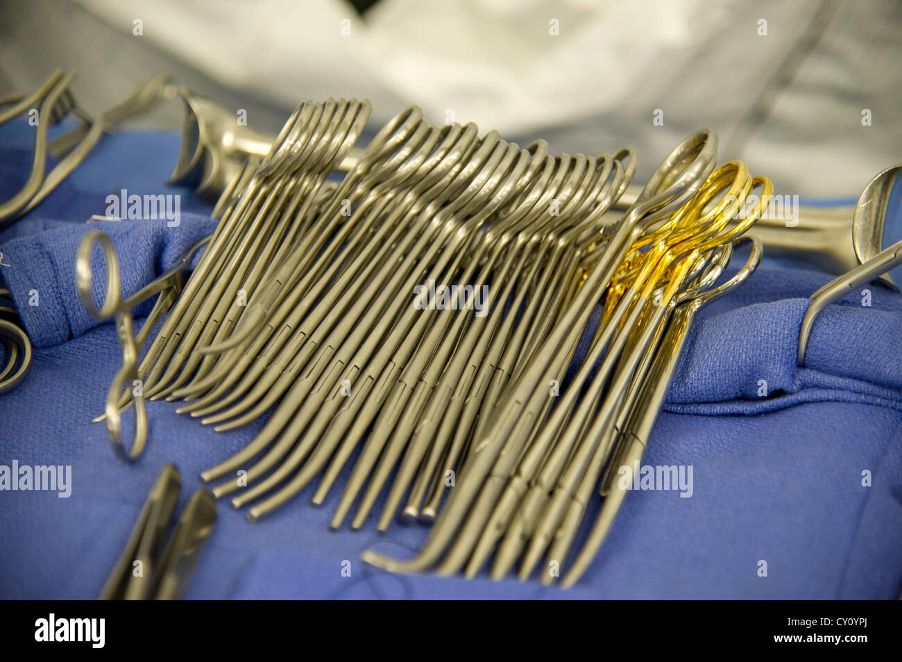 Medical equipment is seen on a table in an operating room during a field exercise at the Joint Readiness Training Center (JRTC), Fort Polk, La., Oct. 15, 2012. JRTC 13-01 is designed to prepare and educate U.S. military Service members for deployments to the Middle East. Stock Photo