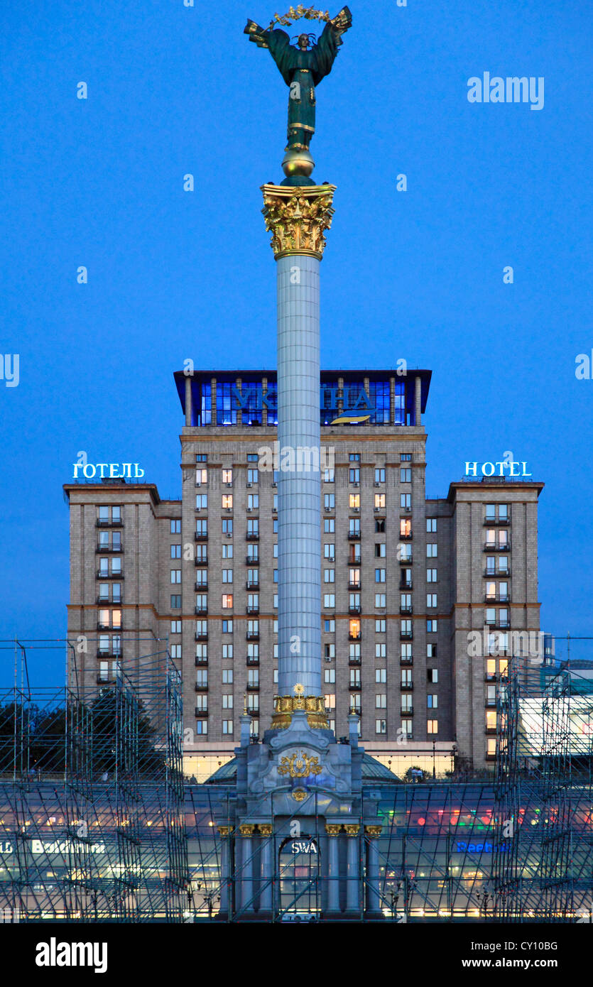 Ukraine, Kiev, Kyiv, Independence Monument, Independence Square, Maidan Nezalezhnosti, Hotel Ukraina, Stock Photo