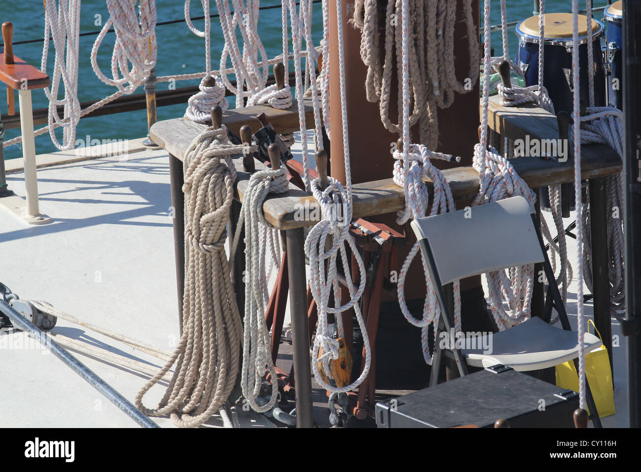 Many ropes on a sail boat Stock Photo