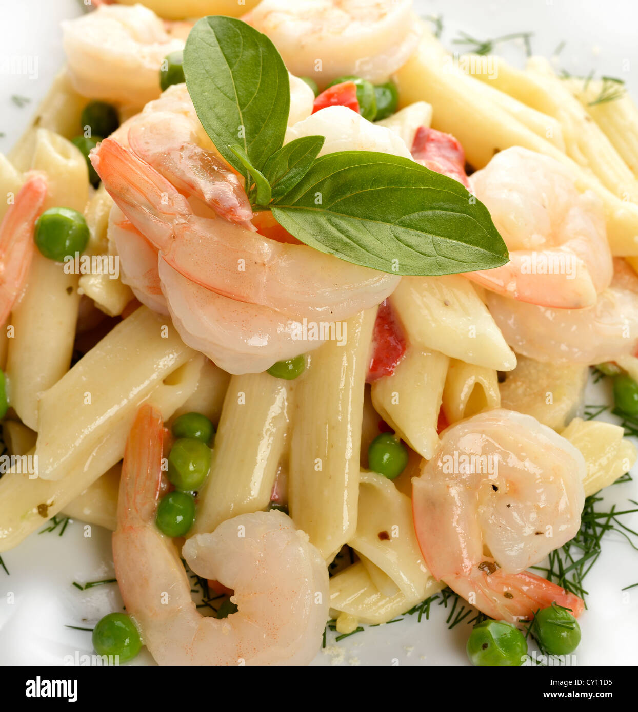 Pasta With Shrimps, Close Up Stock Photo