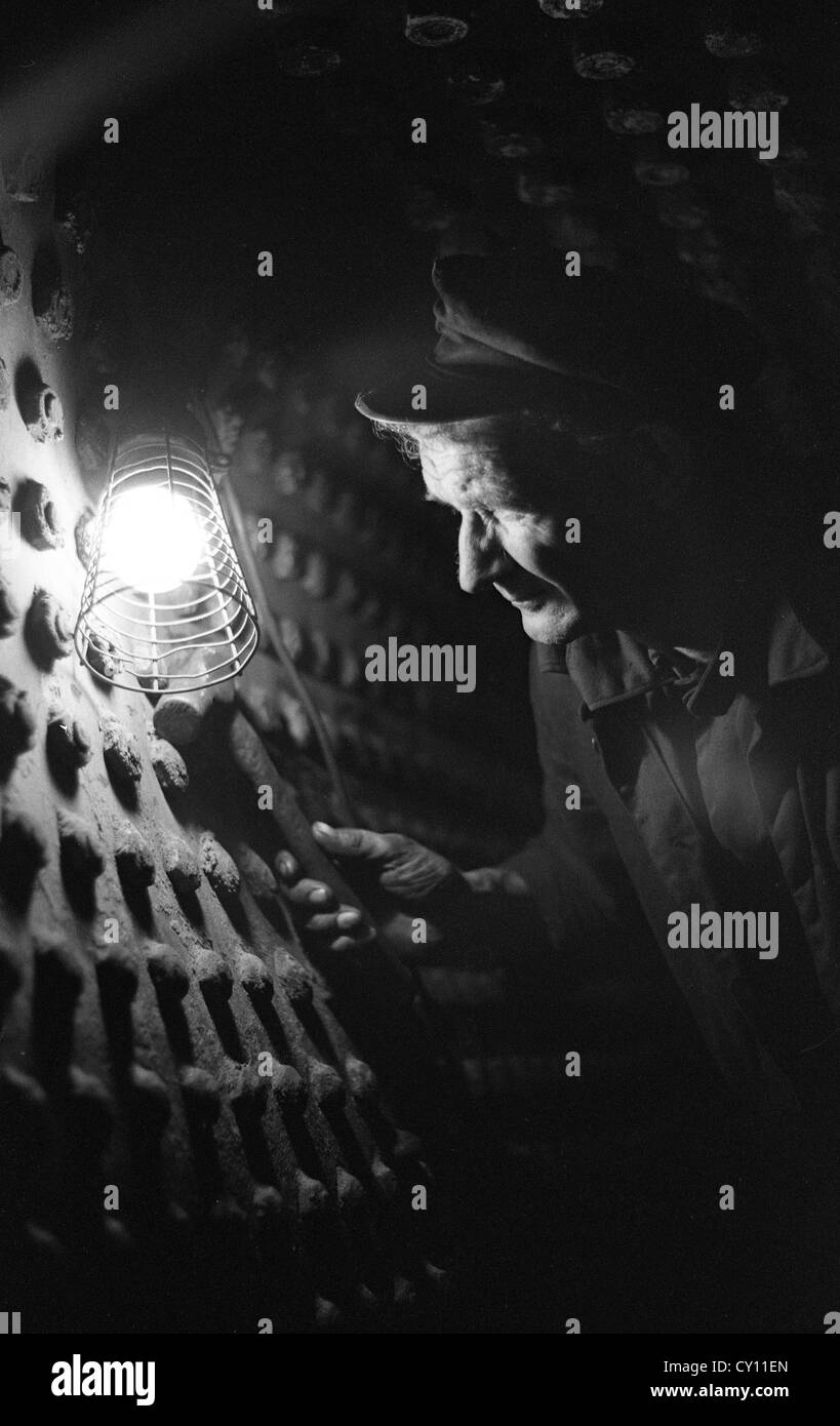 British Railways worker inspecting inside of steam locomotive boiler at Wolverhampton in 1967. Britain Uk dirty job jobs working class Stock Photo