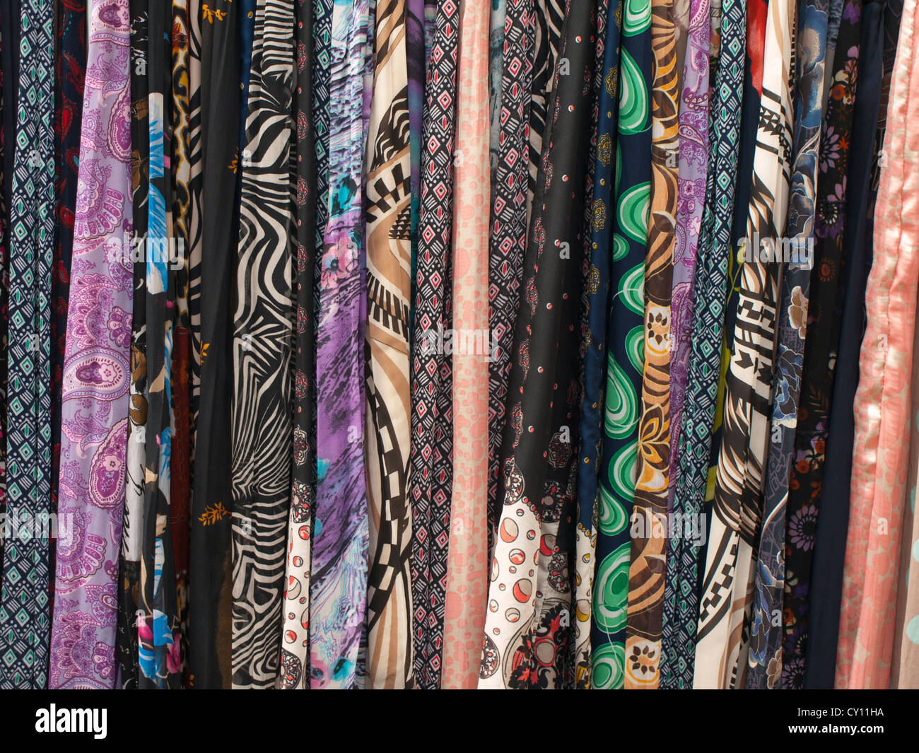 Closeup of skirts in colourful patterns on sale in the marked in Bursa Turkey Stock Photo