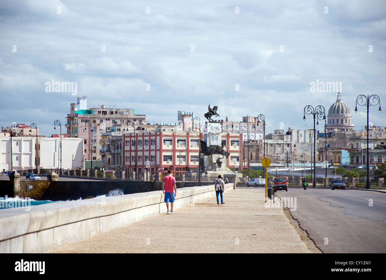 People Walking On The Malecon, Capitolio And City Skyline, Havana, El 