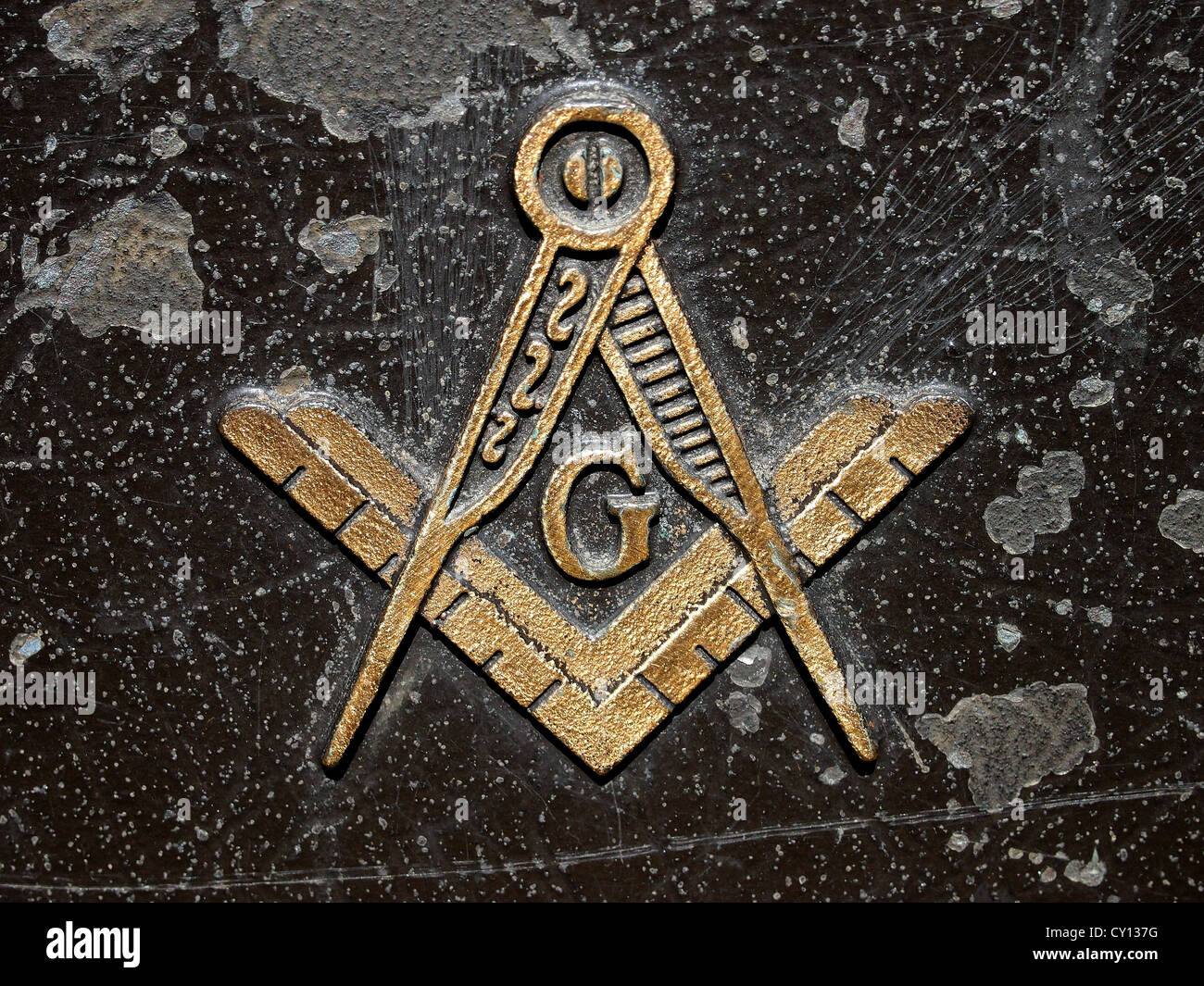 Masonic Symbol On Commemorative Stone In Portsmouth Square, Chinatown, San Francisco, California, USA Stock Photo