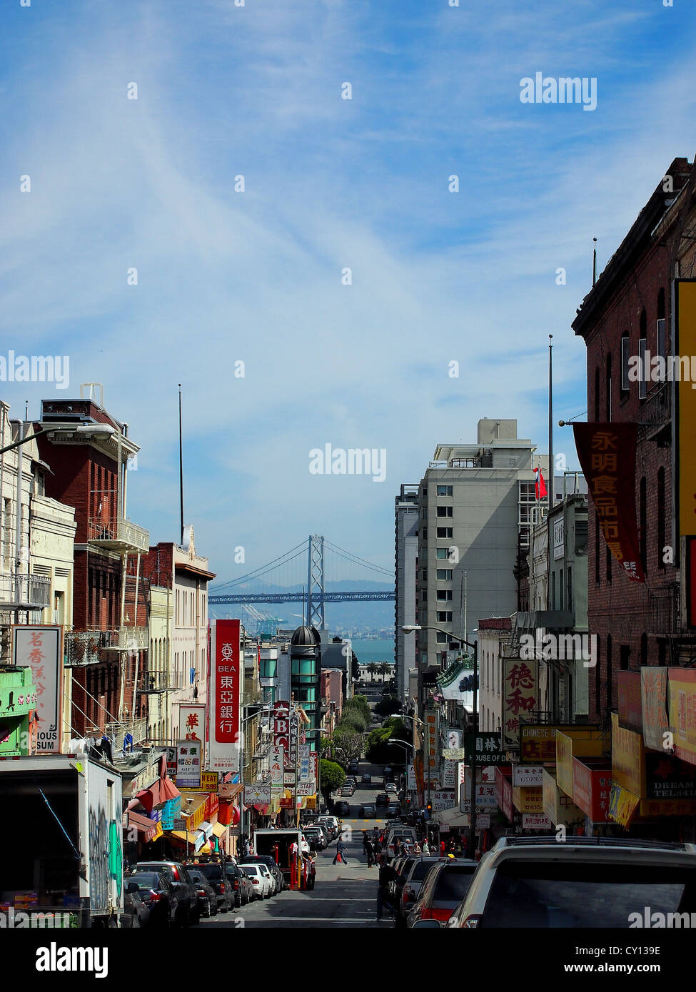 View of Oakland Bay Bridge from the Chinatown district of San Francisco, California, USA Stock Photo