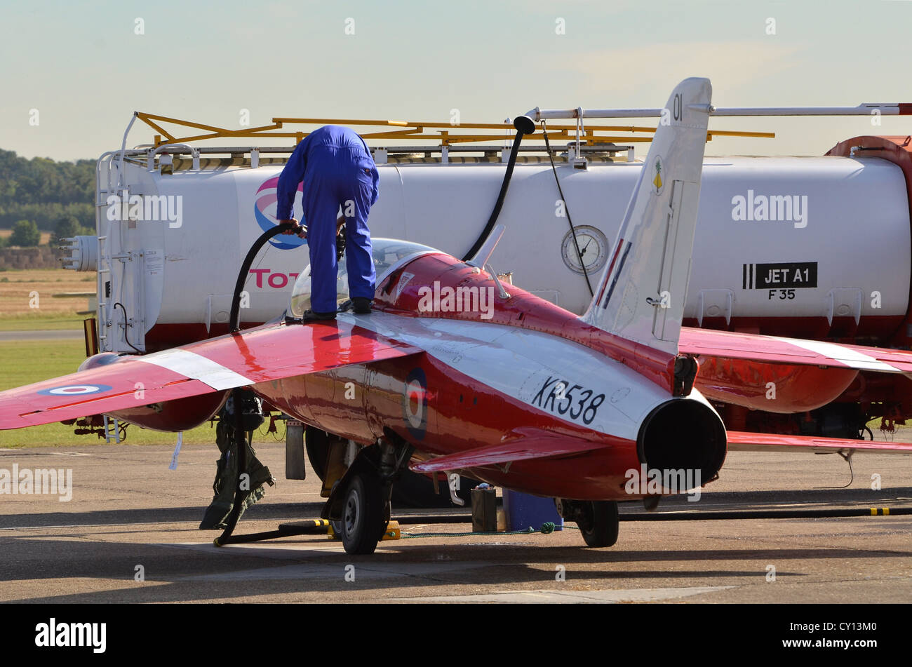 Folland Gnat in RAF training markings being refueled after displaying at Duxford Airshow 2012 Stock Photo