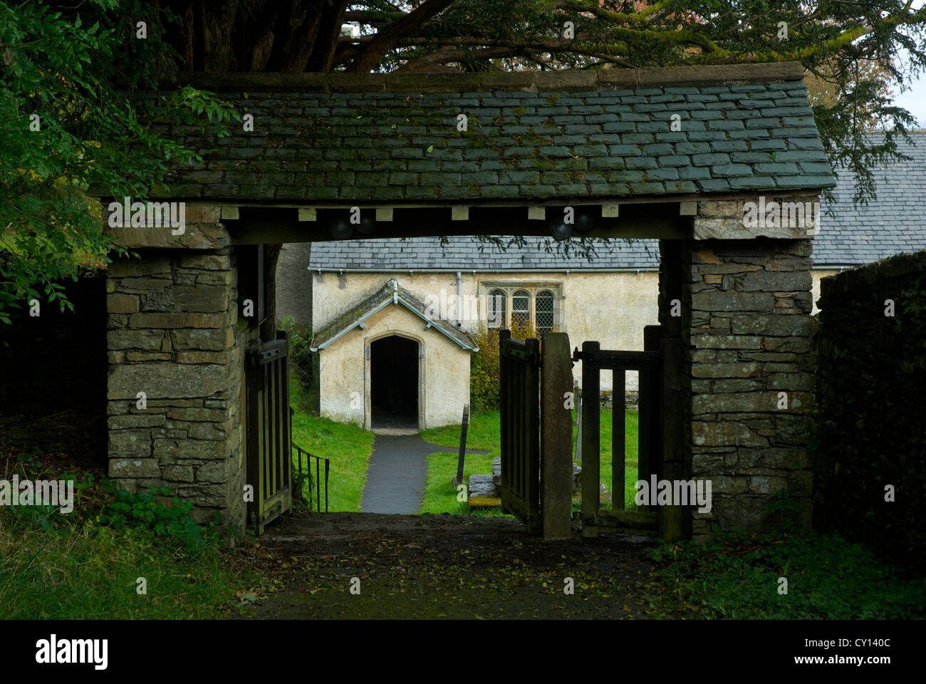 St Anthony's Church, Cartmel Fell, viewed through the lychgate, Lake District National Park, Cumbria, UK Stock Photo