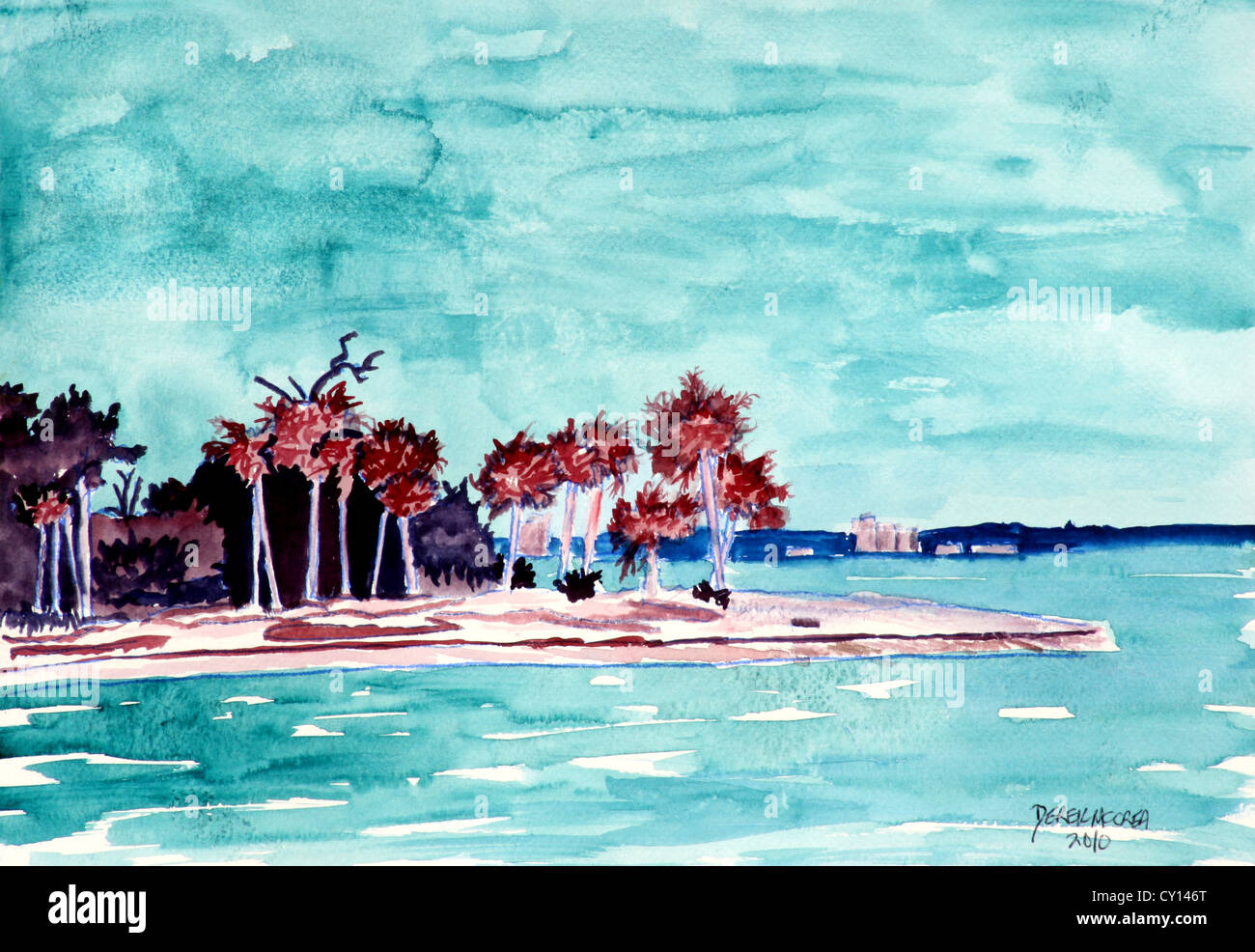 modern aqua landscape seascape island art watercolor painting Stock Photo