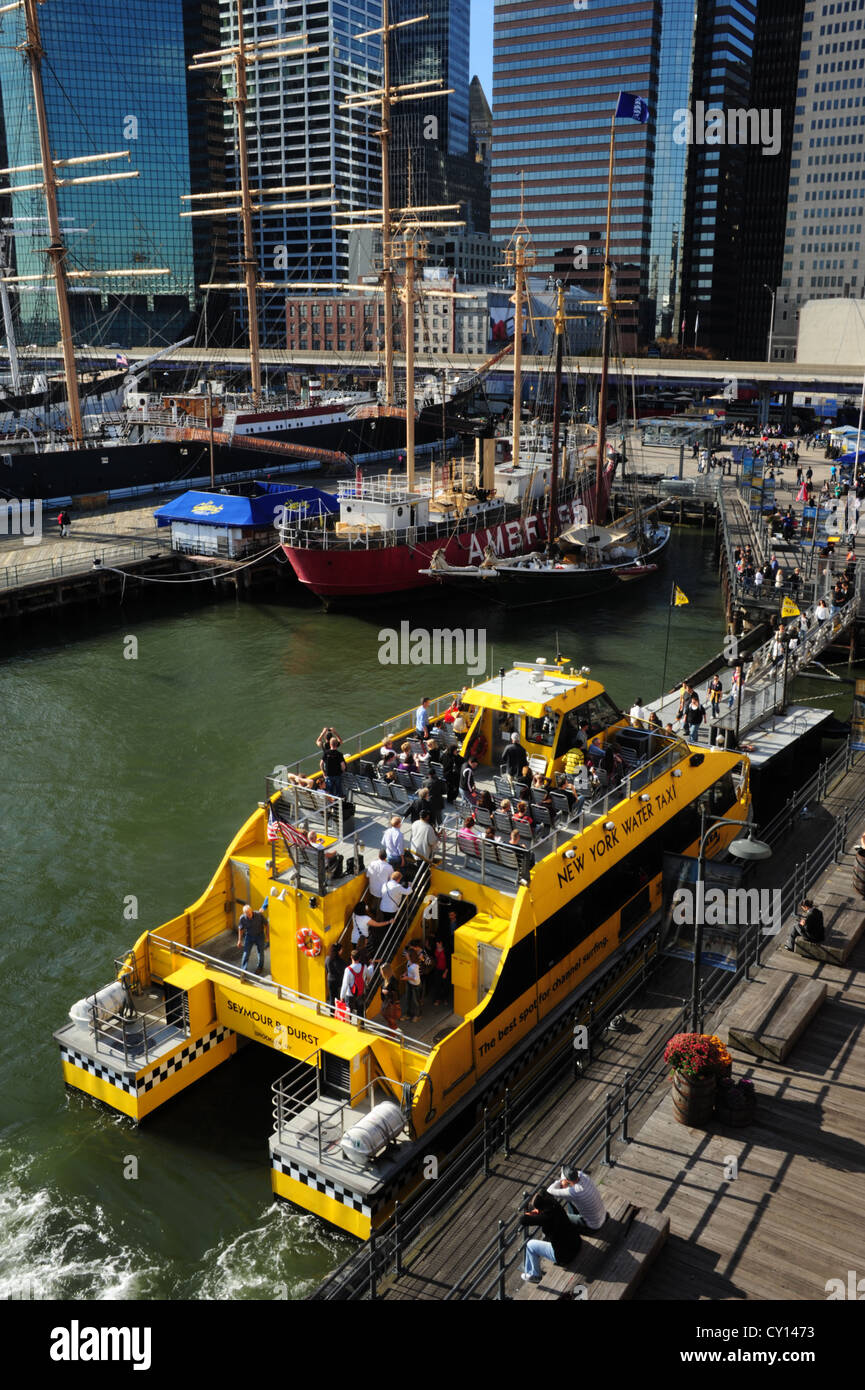 Financial District skyscrapers, people walking gangway, standing