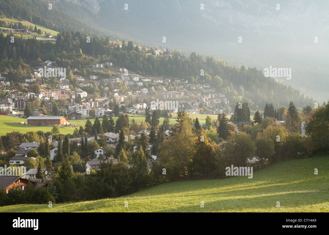 Sunrise, the alpine town of Flims, Graubunden Switzerland Europe Stock Photo
