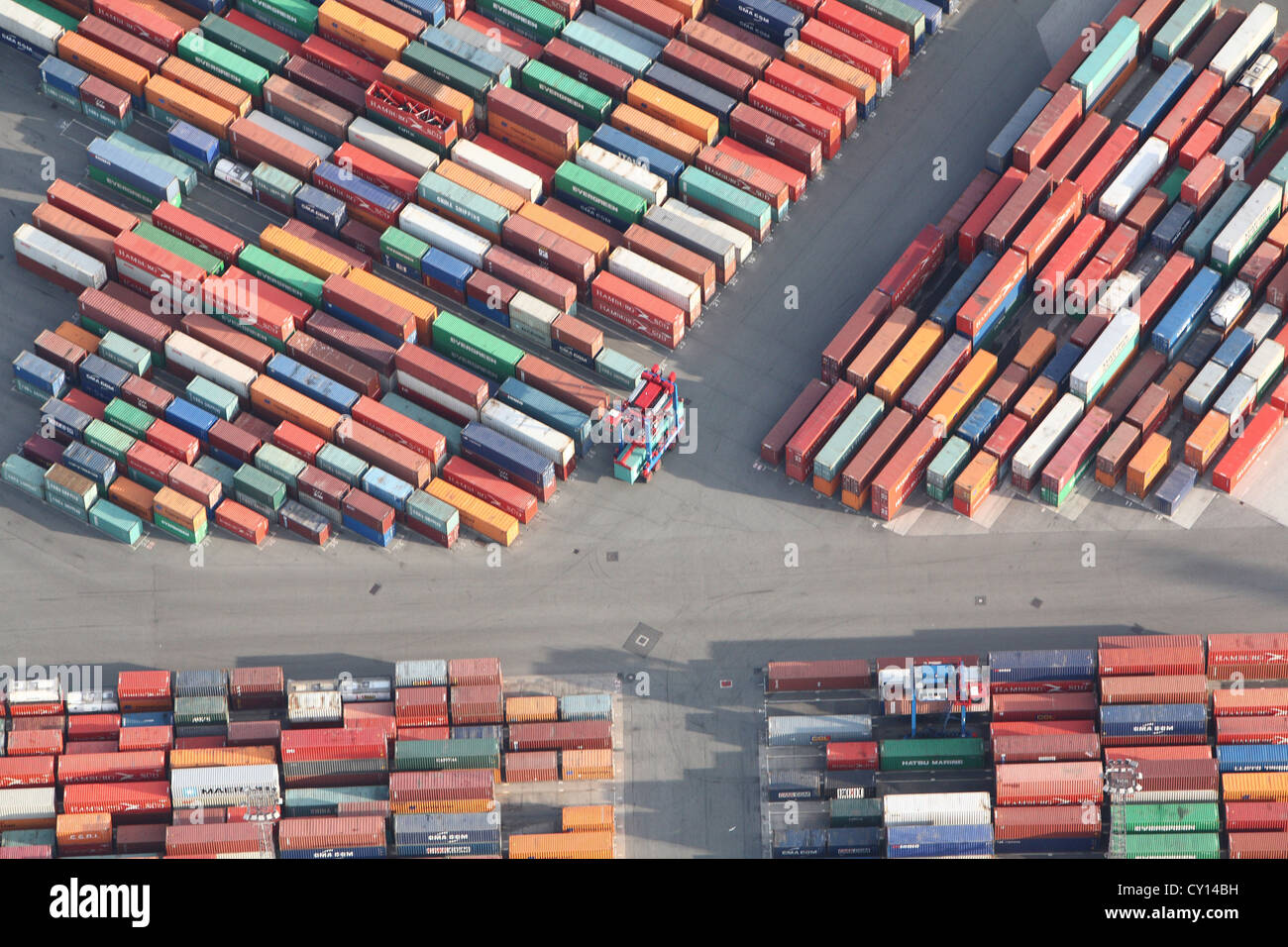 Aerial photo of shipping containers lined up in the port of Hamburg, Germany Stock Photo