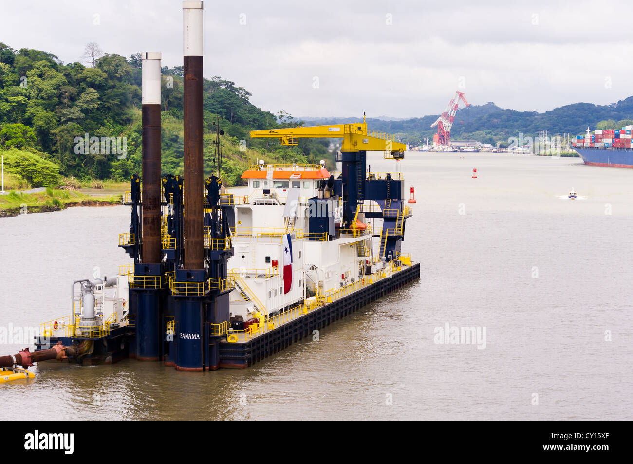Cutter Suction dredge Quibian I works to keep the Panama Canal open to navigation. Stock Photo