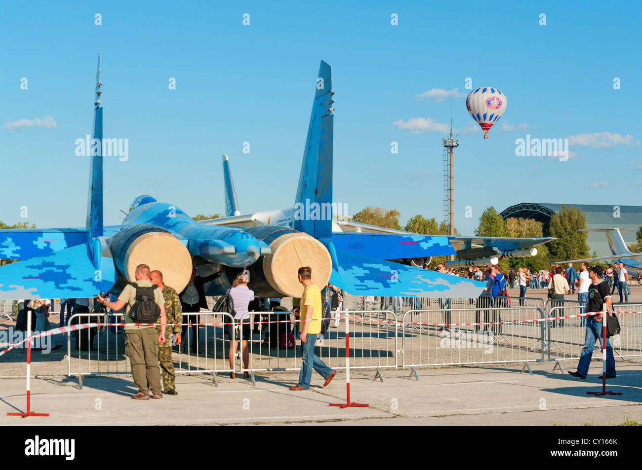 Ukrainian Air Force Su-27 and ballon on exhibition airfield. Stock Photo