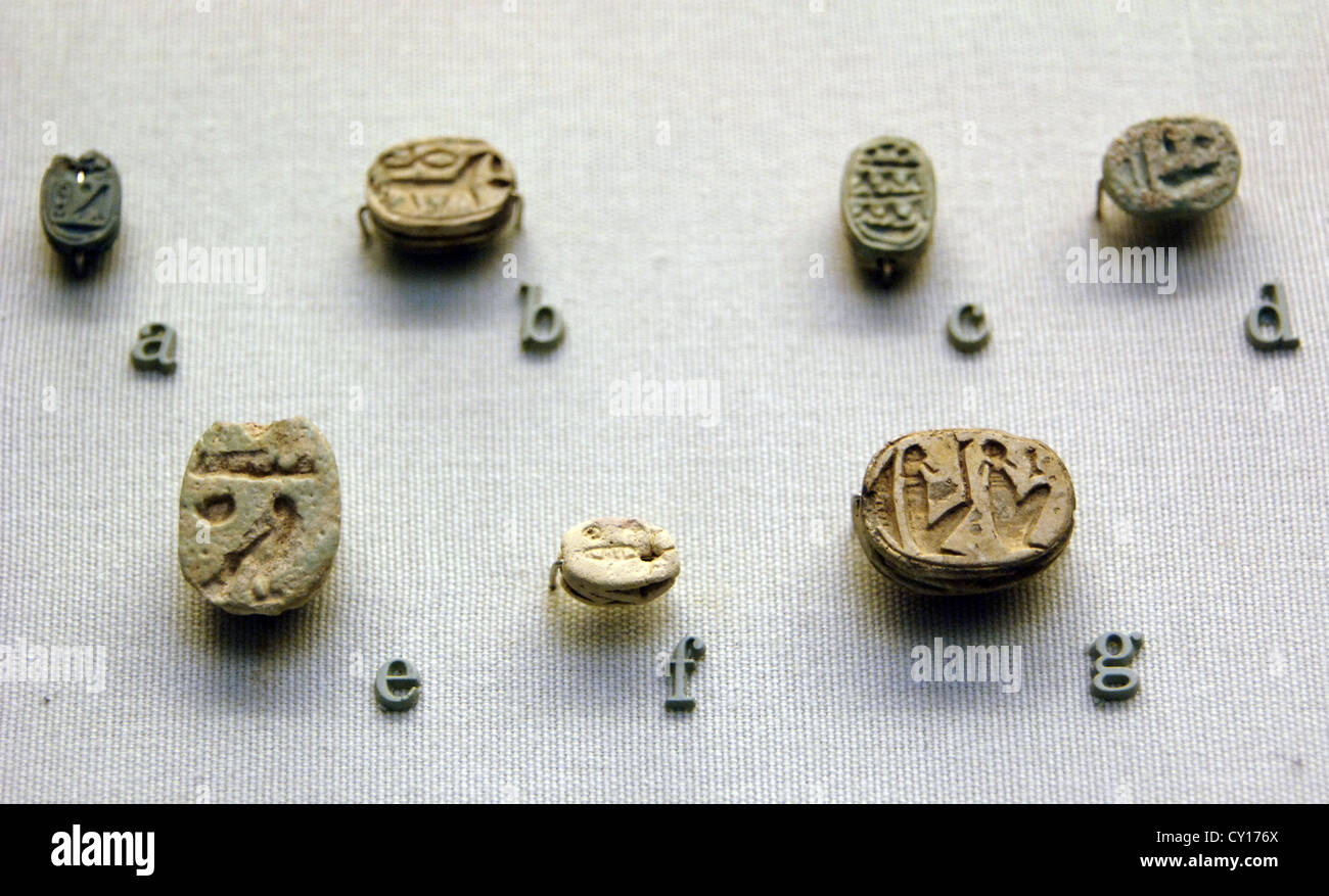 Faience scarabs. Probably from the Isis Tomb, Polledrara Cemetery, Italy. British Museum. London. Stock Photo