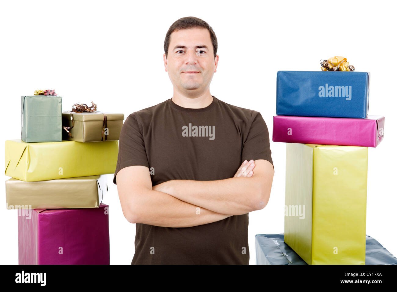 happy silly salesman with some boxes, isolated on white Stock Photo Alamy