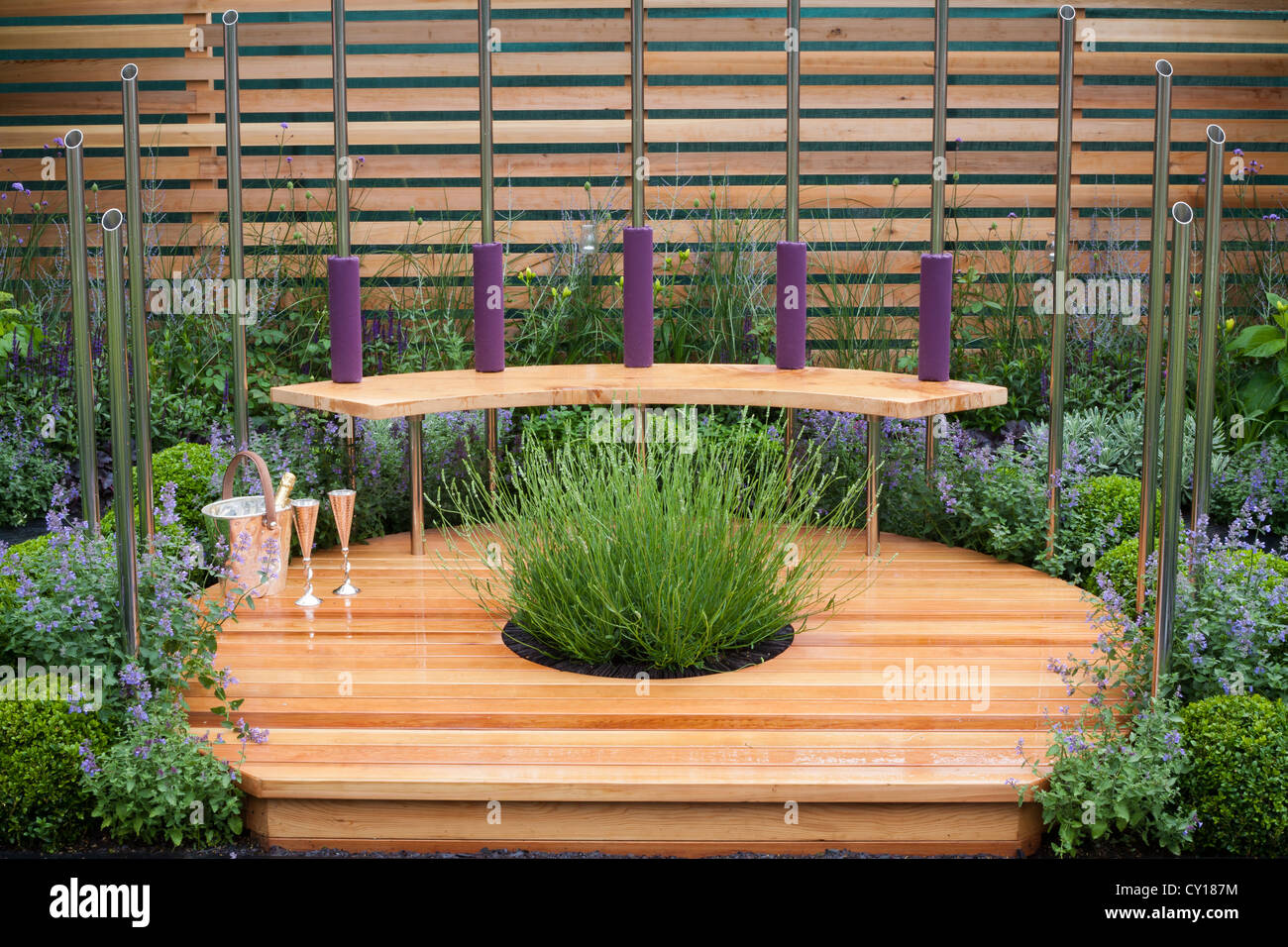 Relaxing area in contemporary designed garden. Stock Photo
