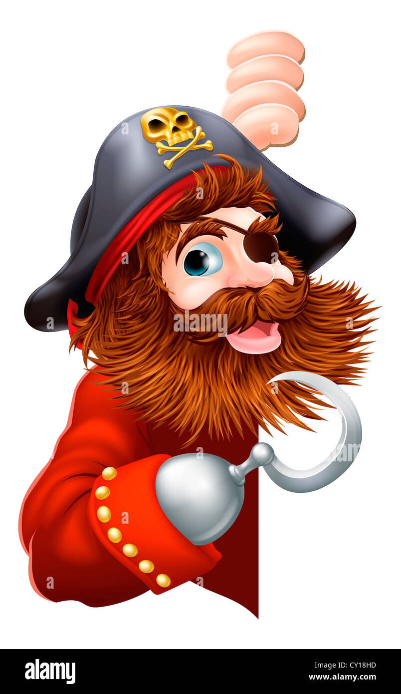 A laughing cartoon pirate with a hook and eye patch peeking out pointing out a message Stock Photo