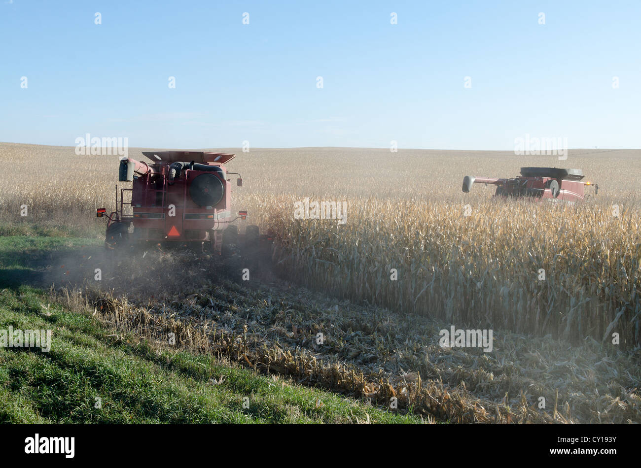 Two Tractors Harvesting American Field Stock Photo Alamy