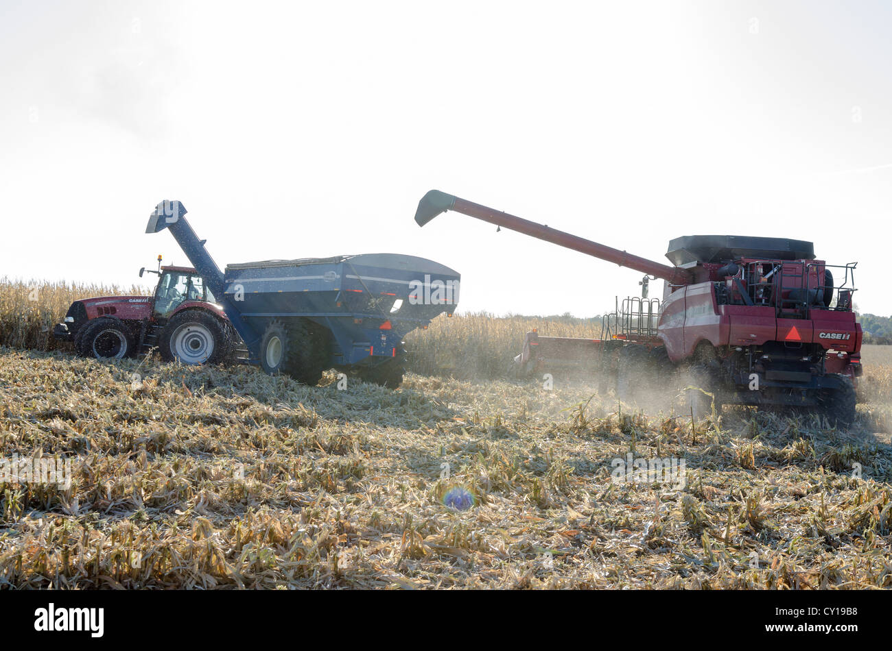 Two Tractors Harvesting American Field Stock Photo Alamy