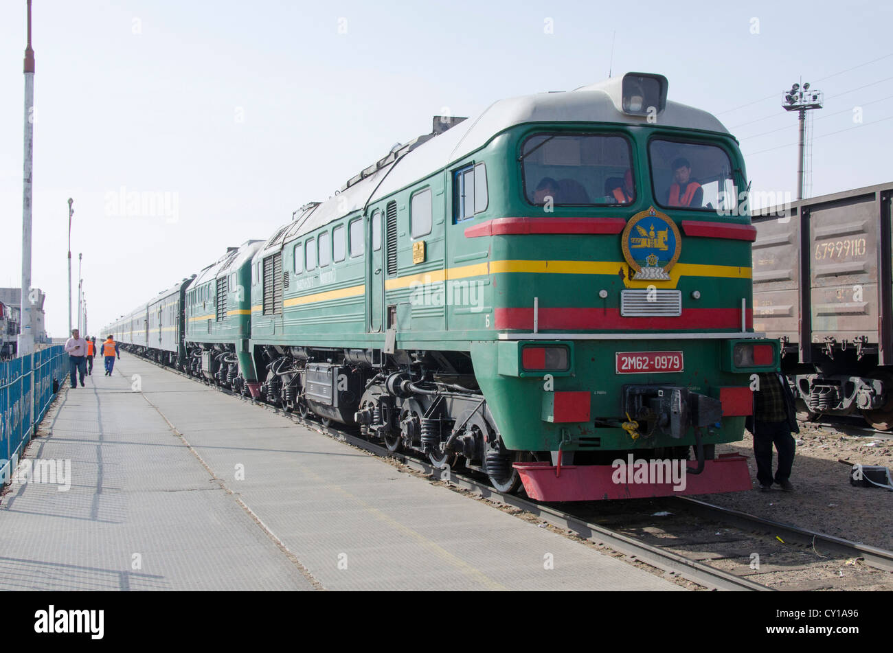 Beijing to Moscow train at station in Gobi Desert, South of Ulaan Baatar, Mongolia Stock Photo