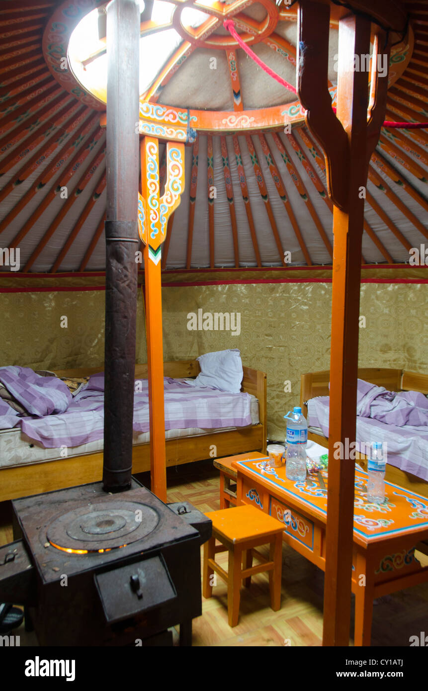 Interior of Ger, or yurt,  Ger Camp, Terelj National Park, Mongolia Stock Photo
