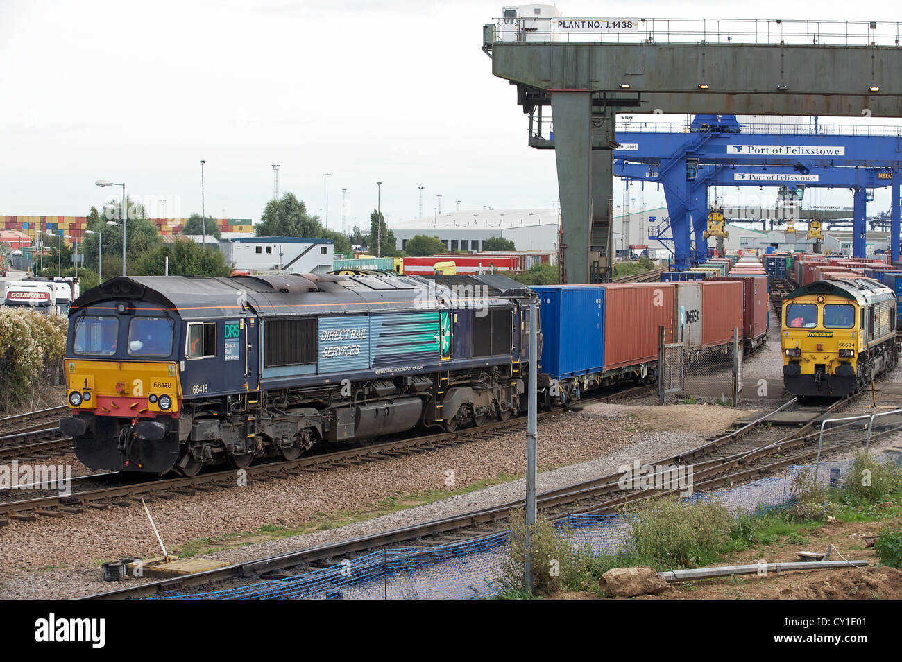 DRS (Direct Rail Services) freight train pulling out of the North rail-freight terminal, Port of Felixstowe, Suffolk, UK. Stock Photo