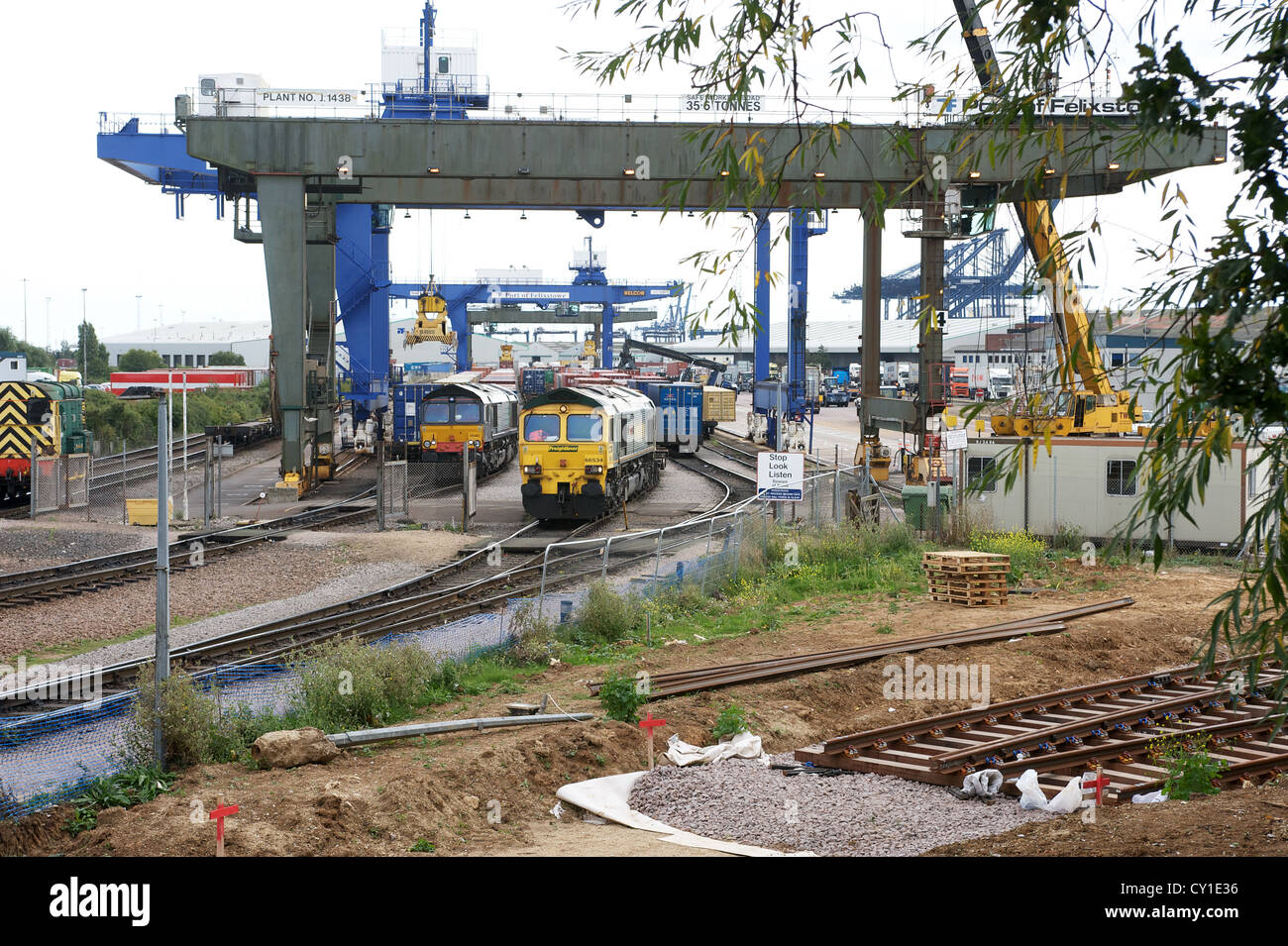 North rail-freight terminal with new tracks being laid for a third terminal, Port of Felixstowe, Suffolk, UK. Stock Photo