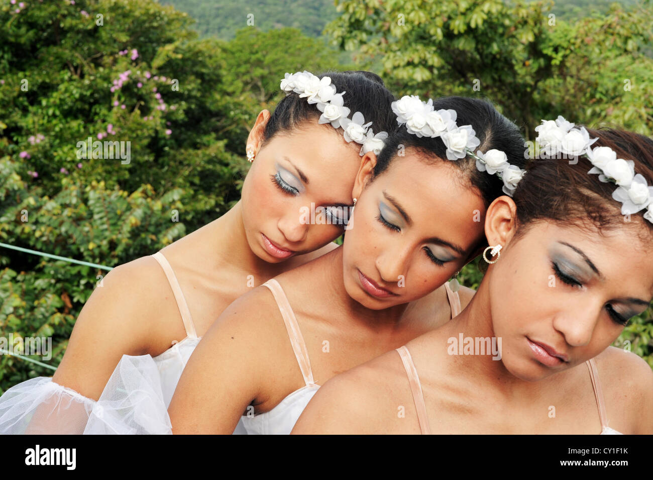 Ballerinas in a sleeping pose outdoors. Stock Photo
