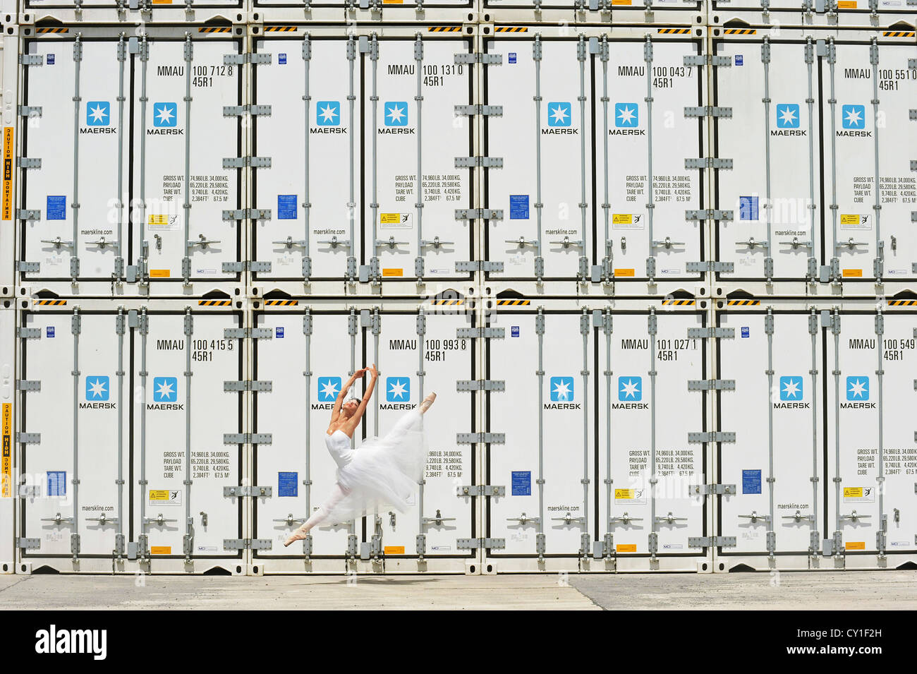 Dancers of the National Ballet of Panama, posing in the city port. Stock Photo