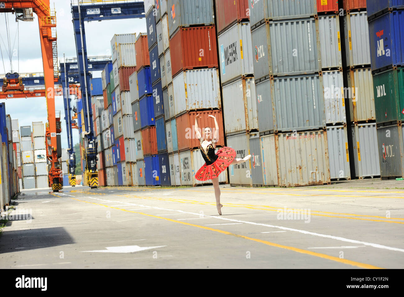 A dancer of the National Ballet of Panama, posing in the city port. Stock Photo
