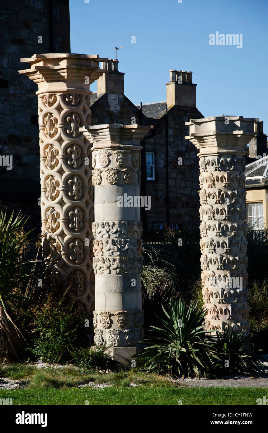 Three decorative pillars rescued from the garden of Argyle House in