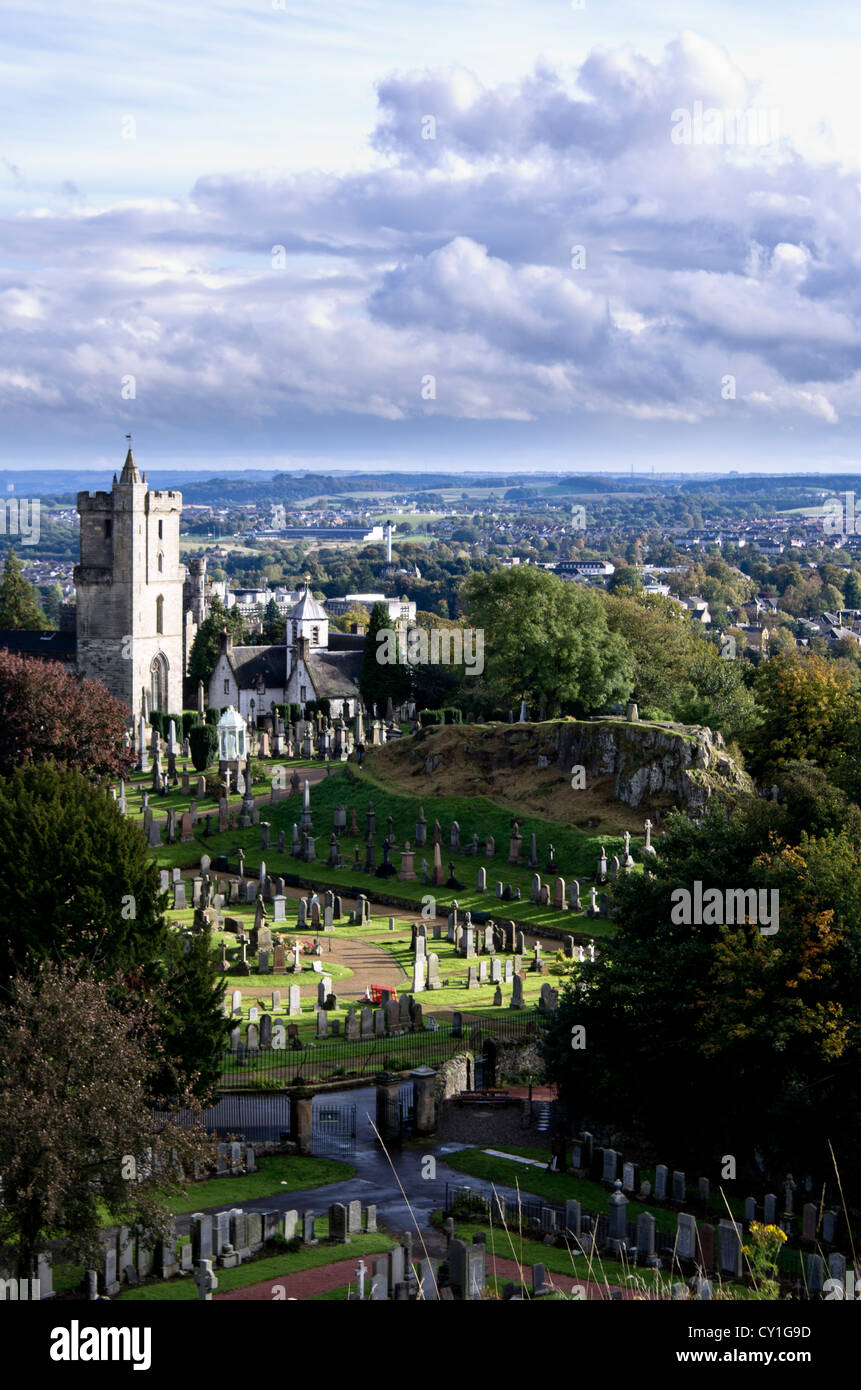 View of the Church of the Holy Rude in sunlight as seen from Stirling Castle, Stirling, Scotland Stock Photo